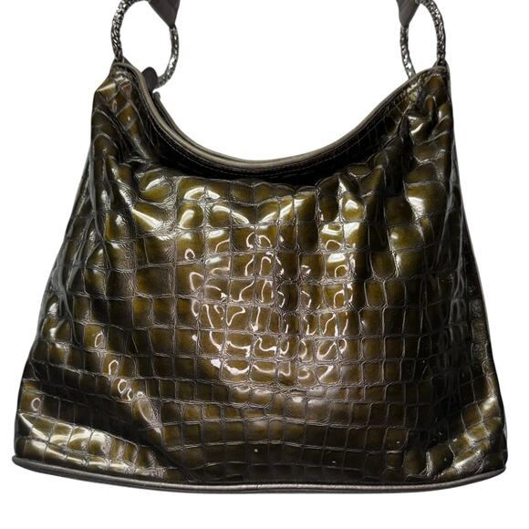 Brighton Cher Hobo Shoulder Bag Patent Leather Croc Embossed Olive Green Bronze - Picture 3 of 9